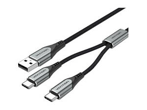 Кабель USB 2.0 AM - 2хType-C M, 1.0 м Y-роздільник, кабель для зарядки 2.4А 480Mbps Алюмінієвий сплав Vention.