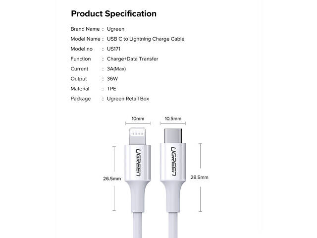 Кабель USB 2.0 Type-C M-Lightning M, 2 м, 3A, Нікельоване покриття ABS Корпус Білий, US171 UGREEN - Фото 7