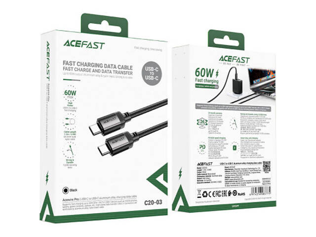 Кабель USB 2.0 Type-C M-M, 1.2м 60W алюмінієвий сплав Black, C20-03 Acefast - Фото 5