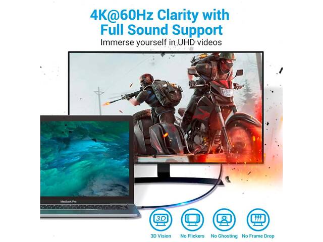 Кабель Vention Cotton Braided USB-C to HDMI Cable 1M Black Aluminum Alloy Type yL. - Фото 3