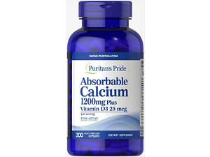 Кальций и витамин D3, Absorbable Calcium with Vitamin D3, Puritan's Pride, 1200 мг/1000 МЕ, 200 гелевых капсул