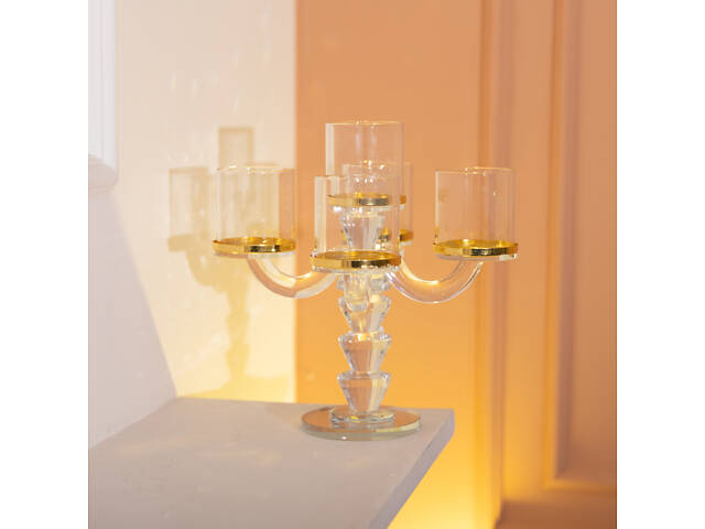 Канделябр на 5 свічок 19×19×23 см підсвічник скляний декоративний із золотою окантовкою - Фото 5