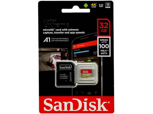 Карта пам'яті microSDHC (UHS-1 U3) SanDisk Extreme Action A1 32Gb class 10 V30 (R100MB/s, 667x) (adapter SD) - Фото 2