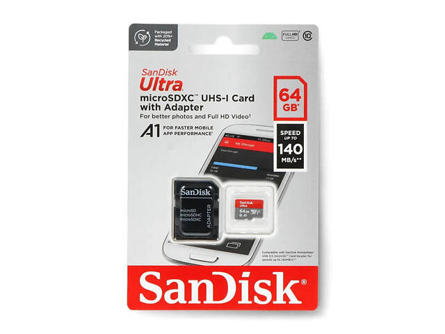 Карта памяти microSDXC (UHS-1) SanDisk Ultra 64Gb class 10 A1 (140Mb/s) (adapter SD) Imaging Packaging - Фото 2
