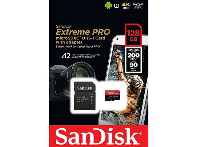 Карта памяти microSDXC (UHS-1 U3) SanDisk Extreme Pro A2 128Gb class 10 V30 (R200MB/s,W90MB/s) (adapter) - Фото 2