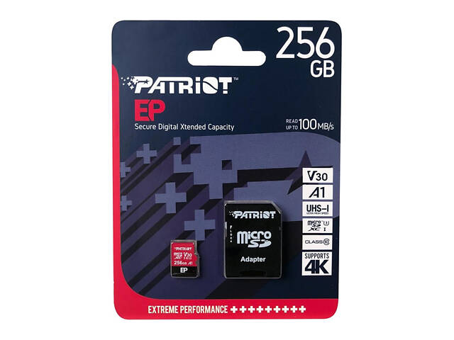 Карта памяти microSDXC (UHS-1 U3) Patriot EP Series 256Gb class 10 V30 (R-100MB/s, W-80MB/s) (адаптер SD) - Фото 2