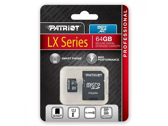 Карта памяти microSDXC (UHS-1) Patriot LX Series 64Gb class 10 (adapter SD) yL. - Фото 2