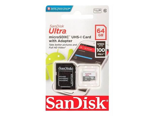 Карта памяти microSDXC (UHS-1) SanDisk Ultra 64Gb class 10 A1 (100Mb/s) (adapter SD) yL. - Фото 2