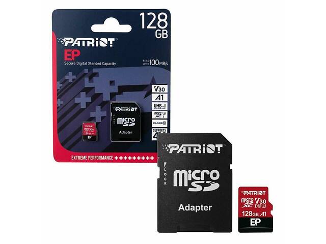 Карта памяти microSDXC (UHS-1 U3) Patriot EP Series 128Gb Class 10 V30 (R-100MB/s, W-80MB/s) (adapter SD) yL. - Фото 2