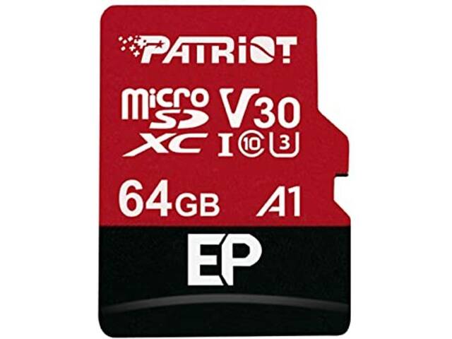 Карта памяти microSDXC (UHS-1 U3) Patriot EP Series 64Gb 10 V30 (R-100MB/s, W-80MB/s) (adapter SD) yL. - Фото 1