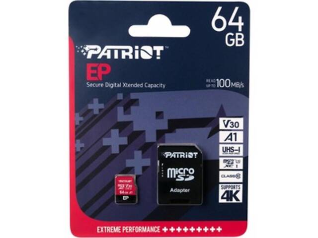 Карта памяти microSDXC (UHS-1 U3) Patriot EP Series 64Gb 10 V30 (R-100MB/s, W-80MB/s) (adapter SD) yL. - Фото 2
