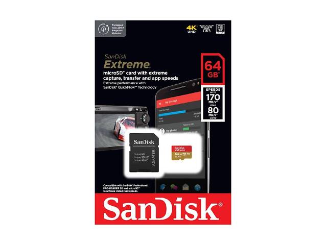 Карта памяти microSDXC (UHS-1 U3) SanDisk Extreme A2 64Gb class 10 V30 (R170MB/s, W80MB/s) (adapter SD) yL. - Фото 2