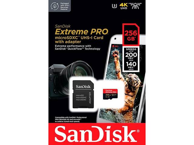 Карта памяти microSDXC (UHS-1 U3) SanDisk Extreme Pro A2 256Gb class 10 V30 (R200MB/s, W140MB/s) (adapter) yL. - Фото 2