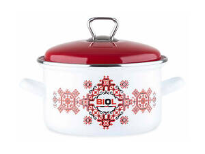 Кастрюля эмалированная Biol - 200мм x 3,1л вишиванка красная
