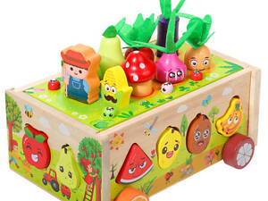 Каталка C 71010 (24) дерев’яна, 21.1х16х9.9 см, сортер, магнітна гра, галявина з овочами, в коробці