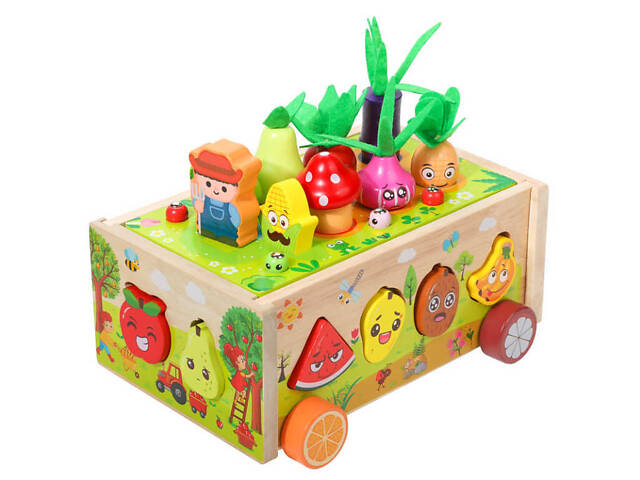 Каталка C 71010 (24) деревянная, 21.1х16х9.9 см, сортер, магнитная игра, лужайка с овощами, в коробке - Фото 1