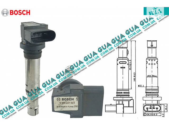 Катушка зажигания 0986221023 VW / ВОЛЬКС ВАГЕН CADDY III 2004- / КАДДИ 3 04-, Seat / СЕАТ LEON 1999-2006, Seat / СЕАТ TO