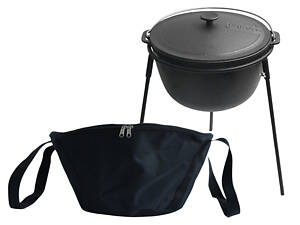 Казан чугунный туристический 12 л с чугунной крышкой, подставкой и чехлом