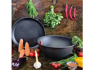 Казан чугунный узбецький с крышкой-сковородой Maysternya V18CP 18 л 40 см черный