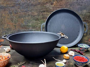 Казан чугунный узбецький с крышкой-сковородой Maysternya V12CPGrWok 12 л 40 см черный