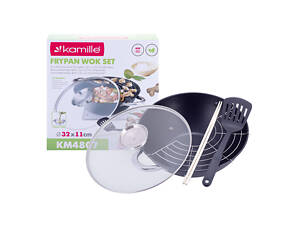 Казан чугунный WOK с антипригарным покрытием и аксессуарами для индукции и газа 4.5 литра Kamille KM-4807MR