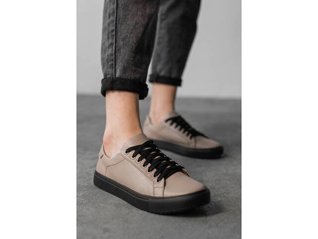 Кеды женские кожа натуральная бежевые черная подошва - Фото 1