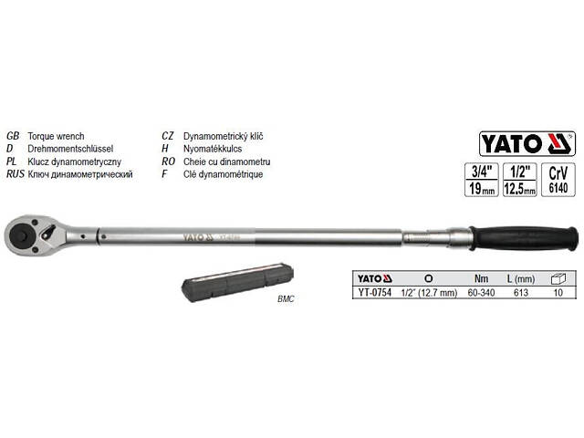 Ключ динамометричний YATO 1/2' 60-340NM l=613 мм YT-0754 - Фото 1