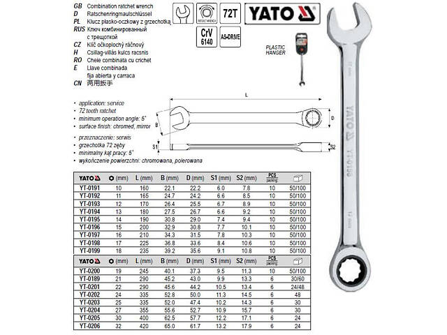 Ключ комбинированный трещотка М=21 мм l=290 мм YATO YT-0189 - Фото 1