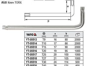 Ключ TORX SECURITY Г-образный CrV Т30 24х114 мм YATO YT-05519