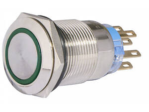 Кнопка металлическая плоская 2NO+2NC 19мм с подсветкой зеленый LED 220V с фиксацией [A0140010122] TYJ 19-372