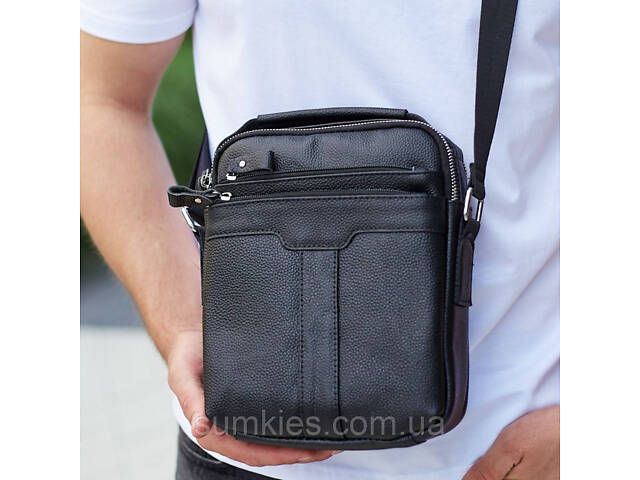Шкіряна чоловіча сумка-барсетка 21х25х6, месенджер з ручкою Tiding Bag 73957 чорна - Фото 1