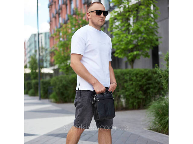 Шкіряна чоловіча сумка-барсетка 21х25х6, месенджер з ручкою Tiding Bag 73957 чорна - Фото 4