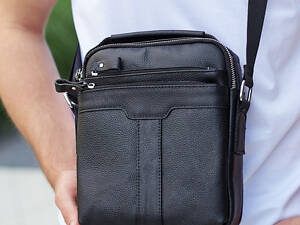 Шкіряна чоловіча сумка-барсетка 21х25х6, месенджер з ручкою Tiding Bag 73957 чорна