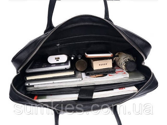 Шкіряна чоловіча сумка для ноутбука 40х30х8, офісний діловий портфель Tiding Bag M364A чорний - Фото 5