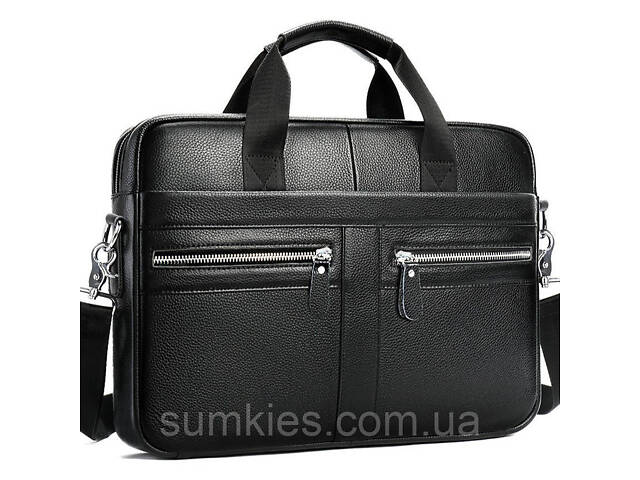 Шкіряна чоловіча сумка для ноутбука та документів чорна 39x28x8, портфель для паперів, чорний - Фото 2