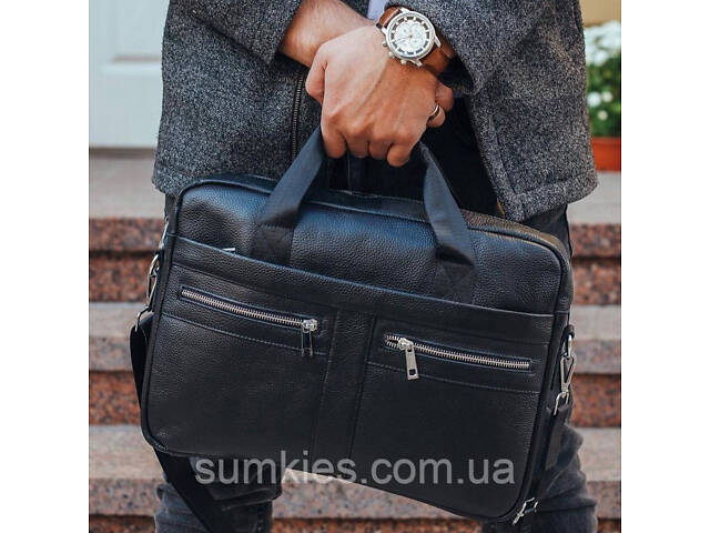 Шкіряна чоловіча сумка для ноутбука та документів чорна 39x28x8, портфель для паперів, чорний - Фото 3