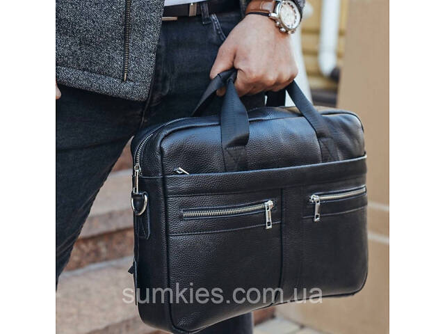 Шкіряна чоловіча сумка для ноутбука та документів чорна 39x28x8, портфель для паперів, чорний - Фото 1