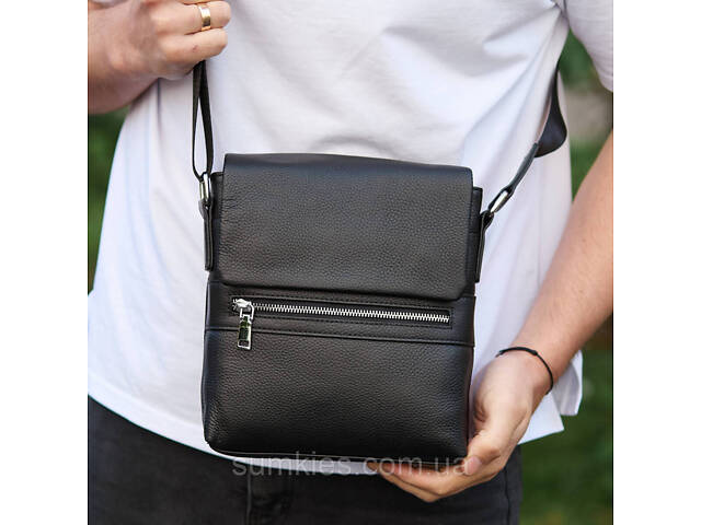 Шкіряна чоловіча сумка-месенджер 21х23х5.5, сумочка крос боді через плече чорна Tiding Bag 56230 - Фото 6
