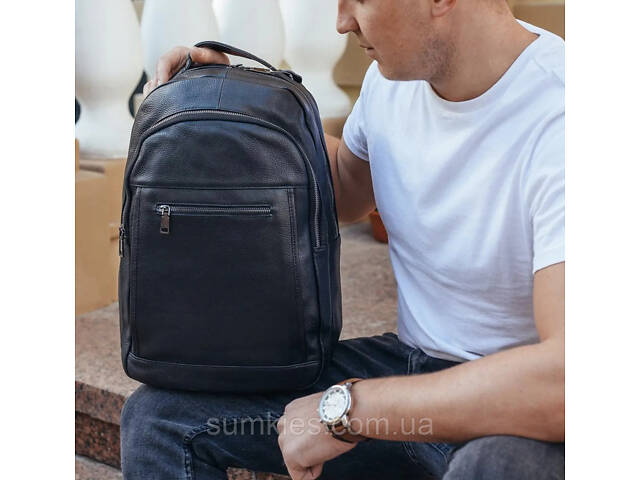 Шкіряна чоловіча сумка наплічна для ноутбука та поїздок 28х42х18, рюкзак для роботи Tiding Bag D3-9343, чорний - Фото 5