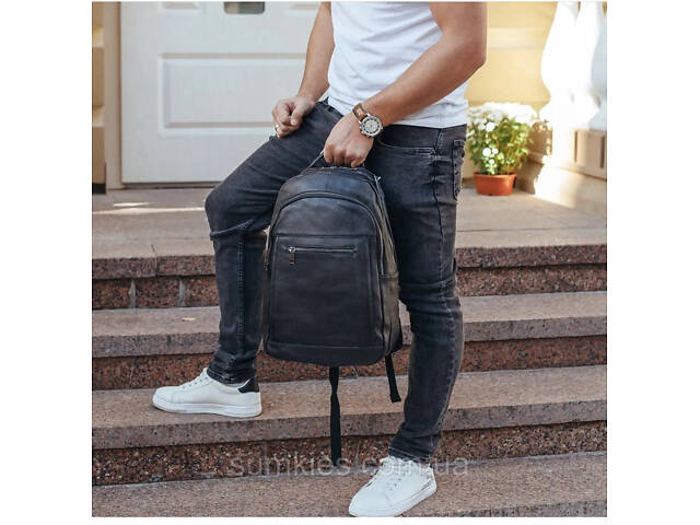 Шкіряна чоловіча сумка наплічна для ноутбука та поїздок 28х42х18, рюкзак для роботи Tiding Bag D3-9343, чорний - Фото 6