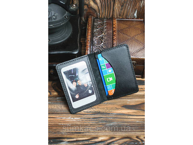 Шкіряна міні обкладинка для документів (ID-паспорт) DNK mini okno R чорна - Фото 3