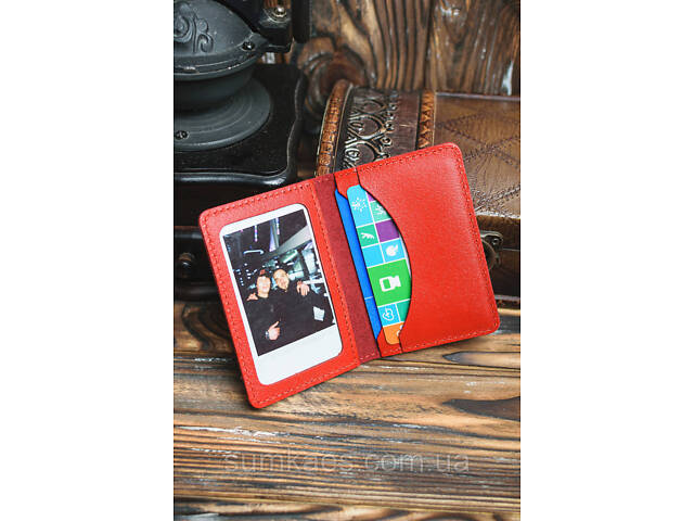 Шкіряна міні обкладинка для документів (ID-паспорт) DNK mini okno R червона - Фото 4