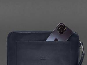 Кожаный чехол для ноутбука на молнии с карманом и хлястиком на руку Синий BlankNote