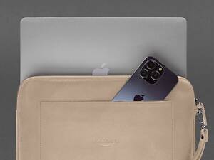 Кожаный чехол для ноутбука на молнии с карманом и хлястиком на руку Светло-бежевый BlankNote