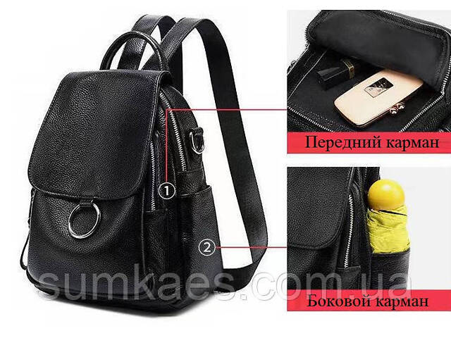 Шкіряний жіночий рюкзак сумка чорний, сумка-рюкзак шкіряна жіноча - Фото 6