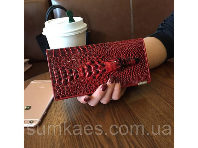 Шкіряний жіночий гаманець крокодила, жіночий клатч-гаманець із крокодилом натуральна шкіра Чорно-червоний - Фото 2