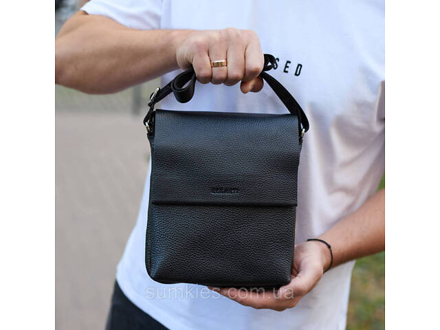Шкіряний месенджер для чоловіка 23х19х7, барсетка через одне плече, сумка для документів, чорна - Фото 1
