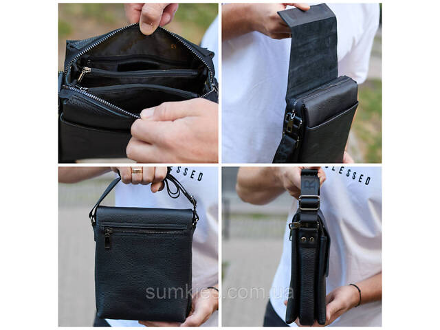 Шкіряний месенджер для чоловіка 23х19х7, барсетка через одне плече, сумка для документів, чорна - Фото 3