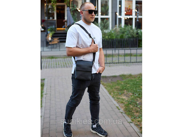 Шкіряний месенджер для чоловіка 23х19х7, барсетка через одне плече, сумка для документів, чорна - Фото 5