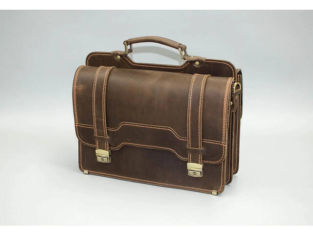 Кожаный портфель 2 отделения коричневый винтаж кежуал casual качественный ручная работа - Фото 1